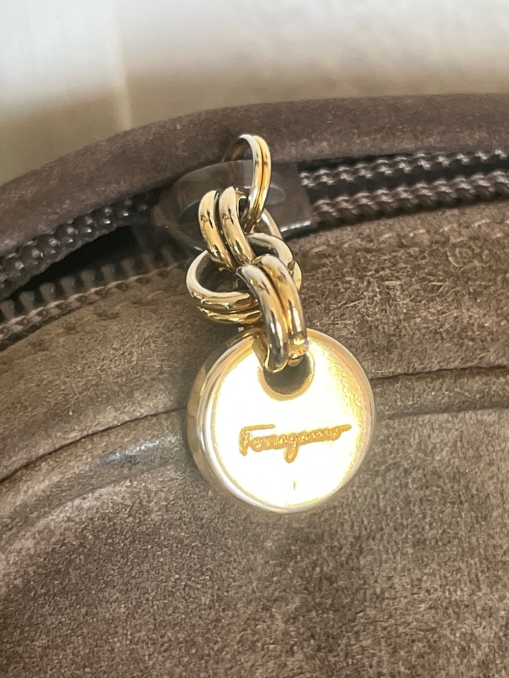 Salvatore Ferragamo sage brown in nubuck Suede stunning gold Zip Charm Crossbody - Picture 5 of 10